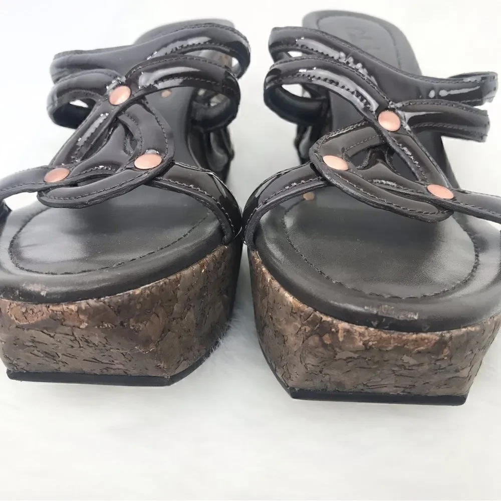 Cole Haan Brown  Medallion Keyhole Strappy Chunky Cork Wedge Retro Sandals